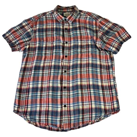 Lucky Brand Shirt Men's Size Large Red Blue Linen Plaid Short Sleeve Button Down - Picture 1 of 11